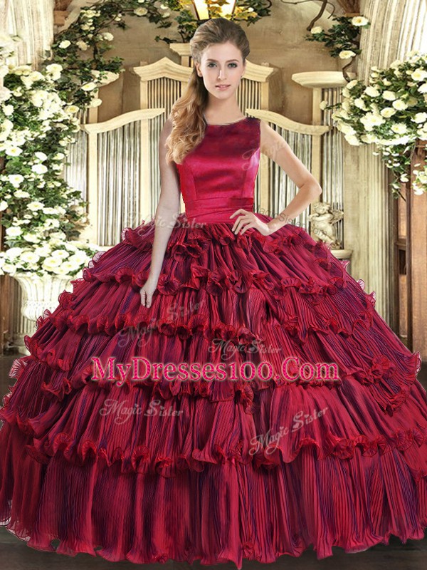 Scoop Sleeveless Lace Up Ball Gown Prom Dress Wine Red Organza