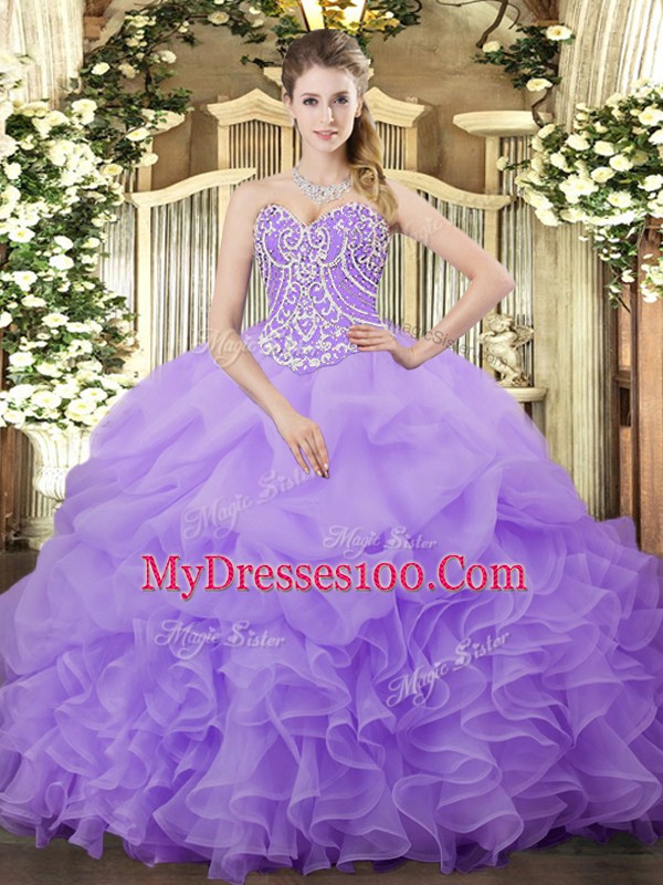 Lilac Lace Up Quinceanera Dresses Beading and Ruffles and Pick Ups Sleeveless Floor Length