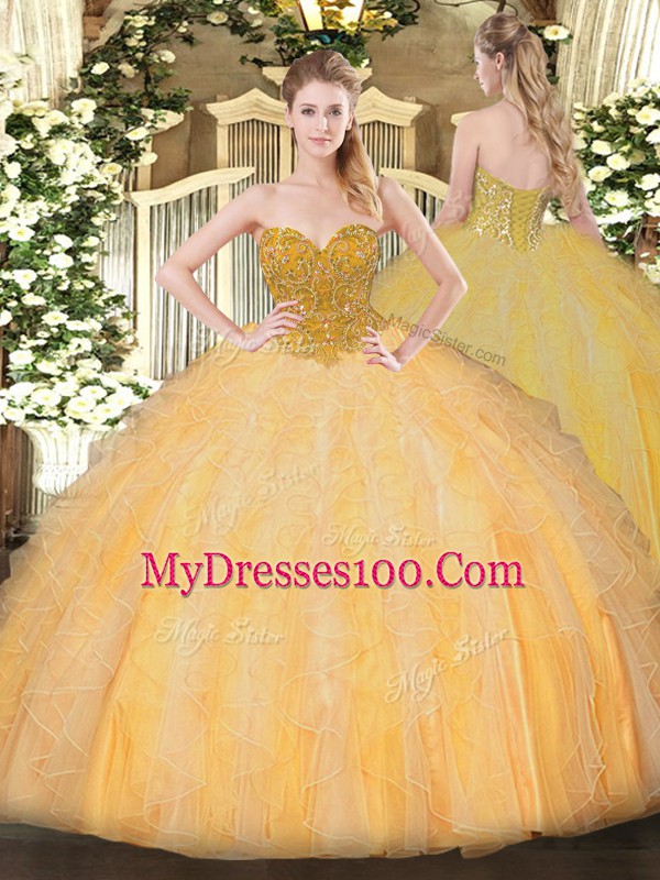 Orange Sweetheart Neckline Beading and Ruffles 15th Birthday Dress Sleeveless Lace Up