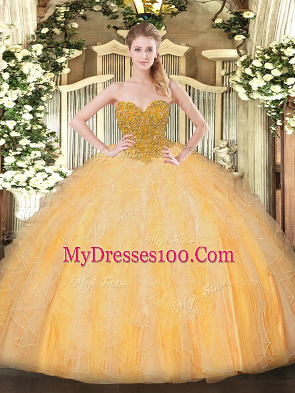 Orange Sweetheart Neckline Beading and Ruffles 15th Birthday Dress Sleeveless Lace Up