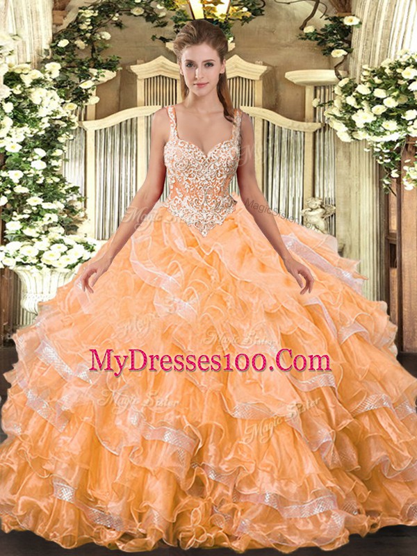 Perfect Floor Length Orange 15 Quinceanera Dress Organza Sleeveless Beading and Ruffled Layers