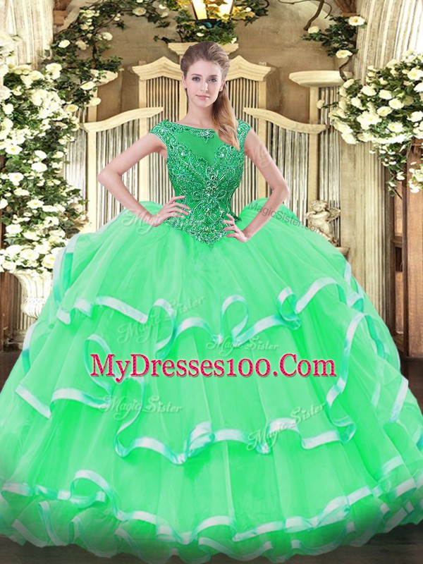 Deluxe Ball Gowns Sweet 16 Quinceanera Dress Apple Green Scoop Organza Sleeveless Floor Length Lace Up