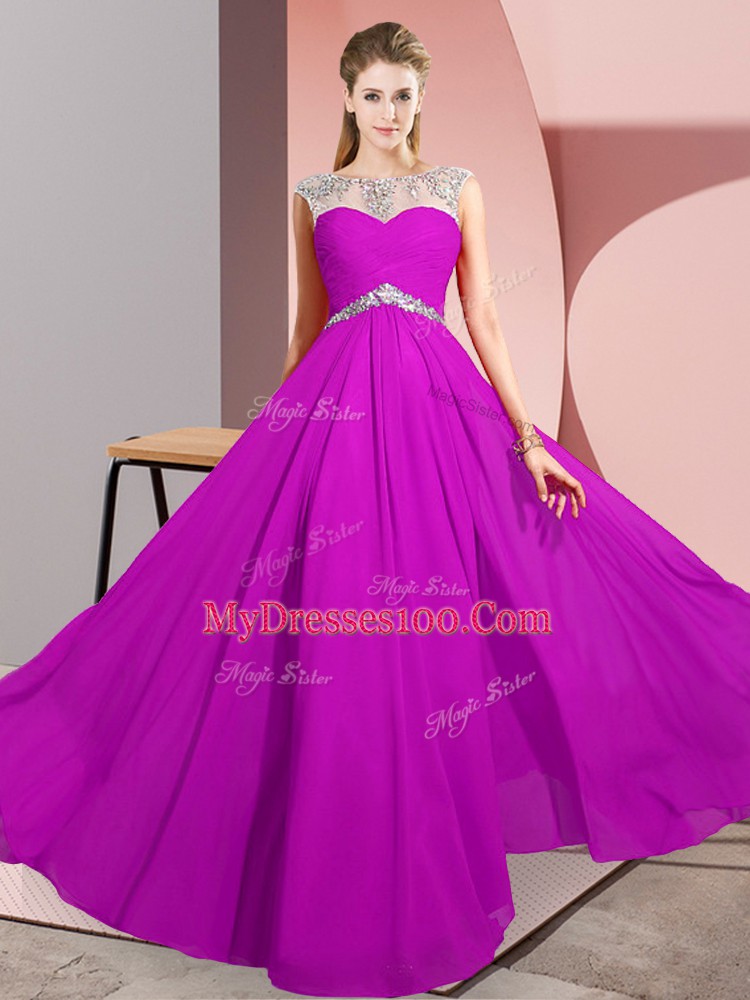 Fancy Sleeveless Chiffon Floor Length Clasp Handle Prom Evening Gown in Fuchsia with Beading