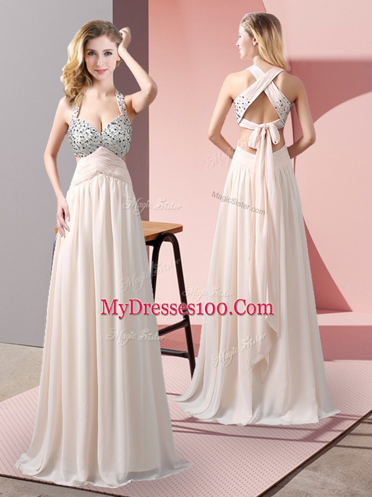 Modest Champagne Criss Cross Prom Dresses Beading Sleeveless Floor Length