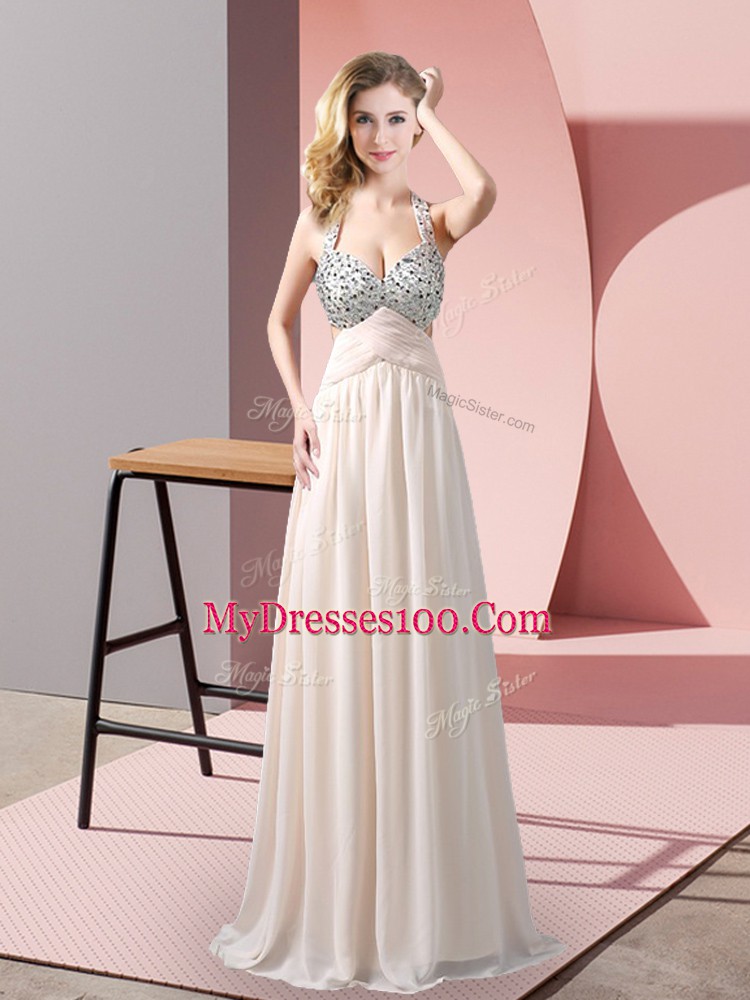 Modest Champagne Criss Cross Prom Dresses Beading Sleeveless Floor Length