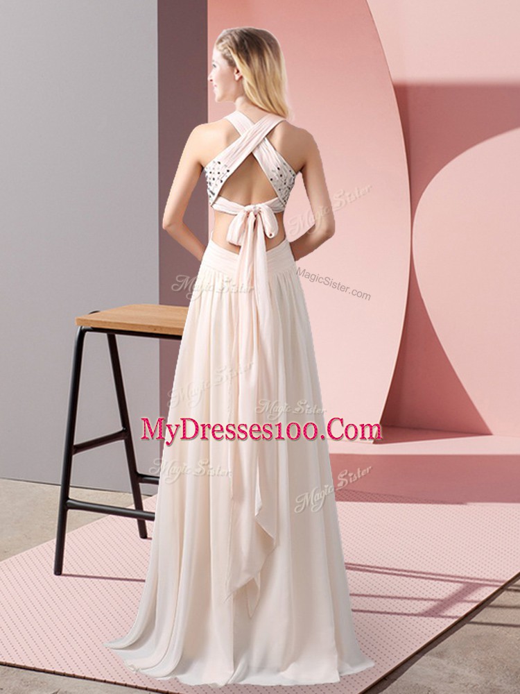 Modest Champagne Criss Cross Prom Dresses Beading Sleeveless Floor Length