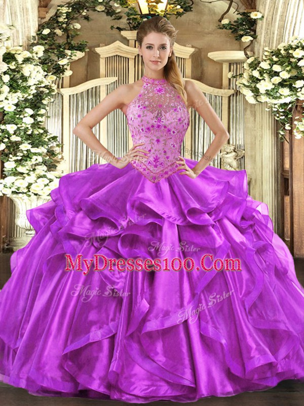 Hot Selling Beading and Embroidery and Ruffles Quinceanera Gown Purple Lace Up Sleeveless Floor Length