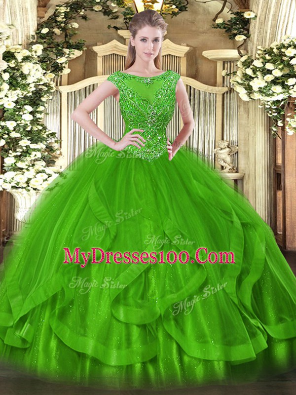 Unique Scoop Sleeveless Zipper Quinceanera Dresses Green Tulle