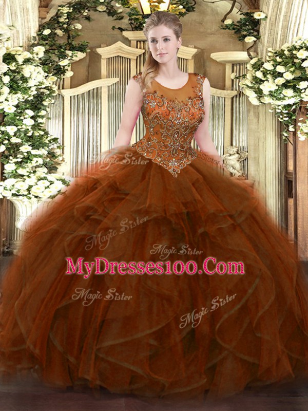 Designer Tulle Scoop Sleeveless Zipper Beading and Ruffles Quinceanera Gowns in Brown