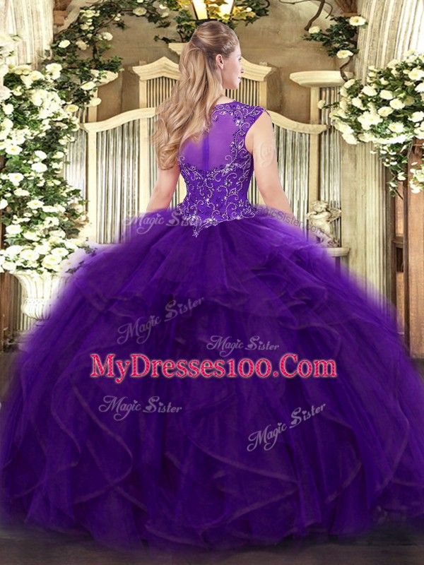 Designer Tulle Scoop Sleeveless Zipper Beading and Ruffles Quinceanera Gowns in Brown