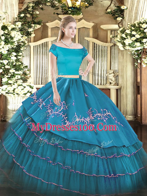 Two Pieces Sweet 16 Dress Teal Off The Shoulder Organza and Taffeta Short Sleeves Floor Length Zipper
