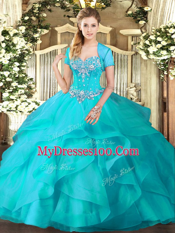 Chic Aqua Blue Tulle Lace Up 15th Birthday Dress Sleeveless Floor Length Beading and Ruffles