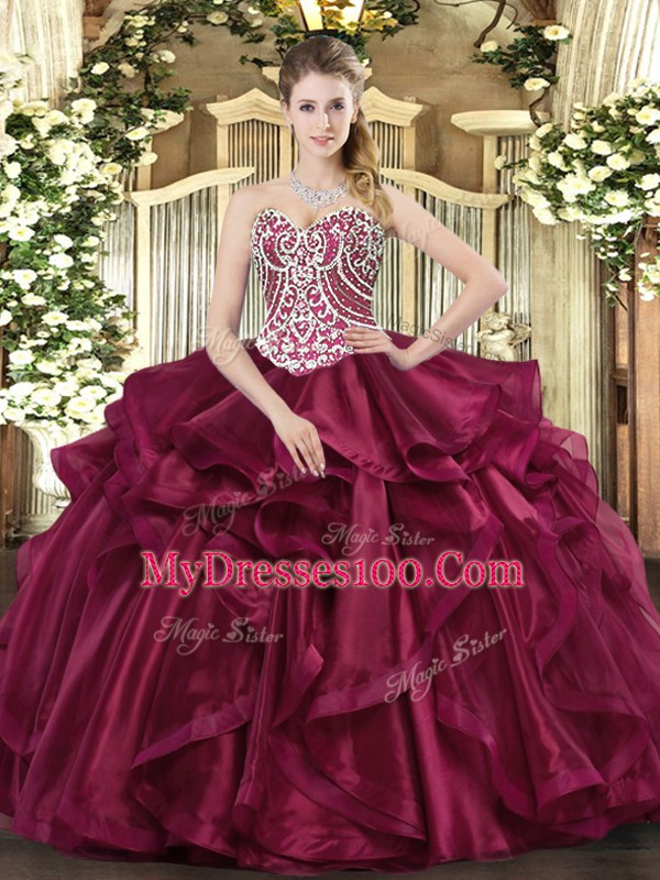 New Style Sleeveless Floor Length Beading and Ruffles Lace Up Ball Gown Prom Dress with Wine Red