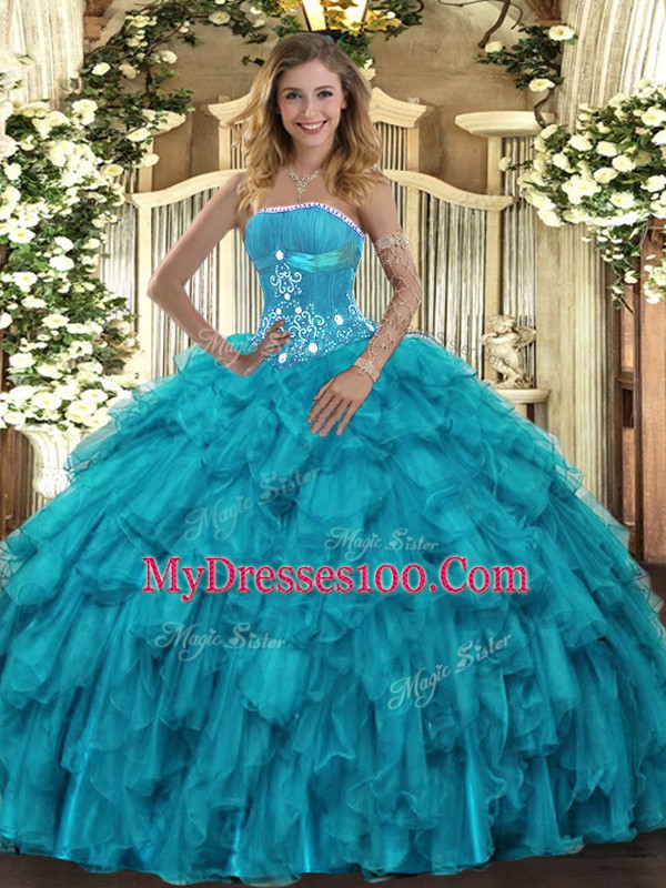 Shining Teal Sleeveless Organza Lace Up 15 Quinceanera Dress for Military Ball and Sweet 16 and Quinceanera