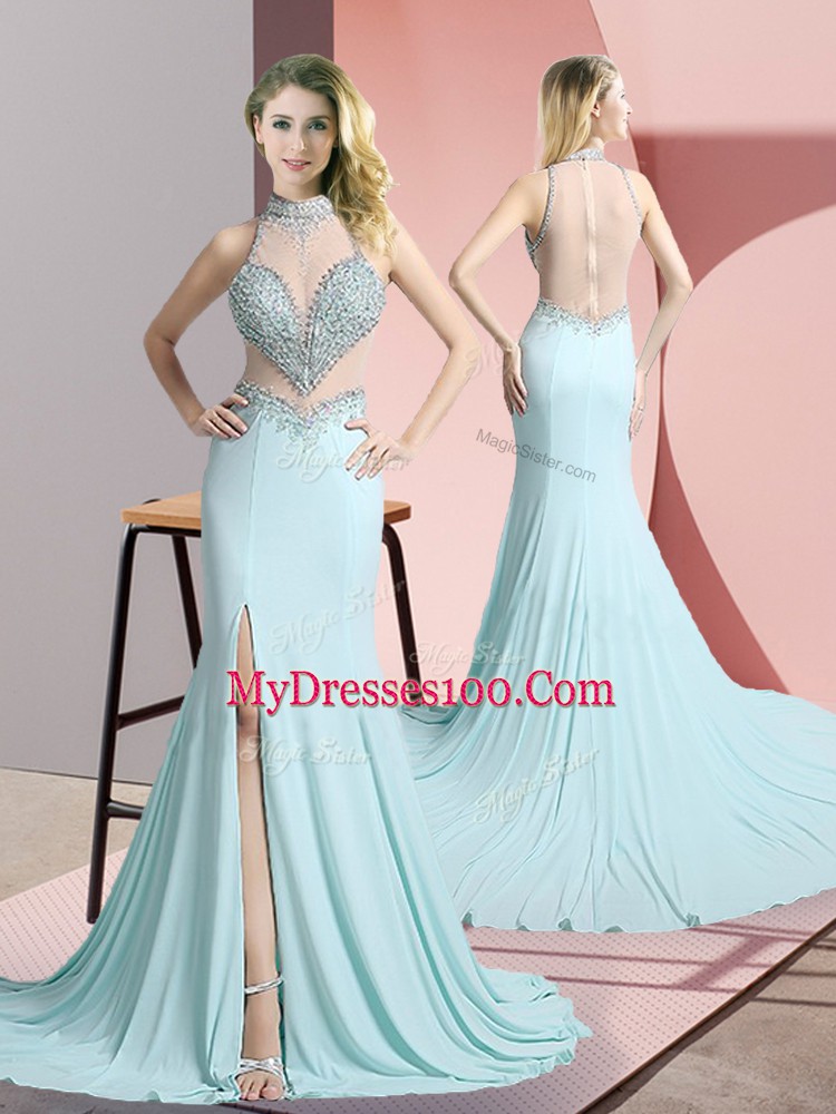 Hot Selling Aqua Blue Mermaid Chiffon High-neck Sleeveless Beading Zipper Evening Dress Sweep Train