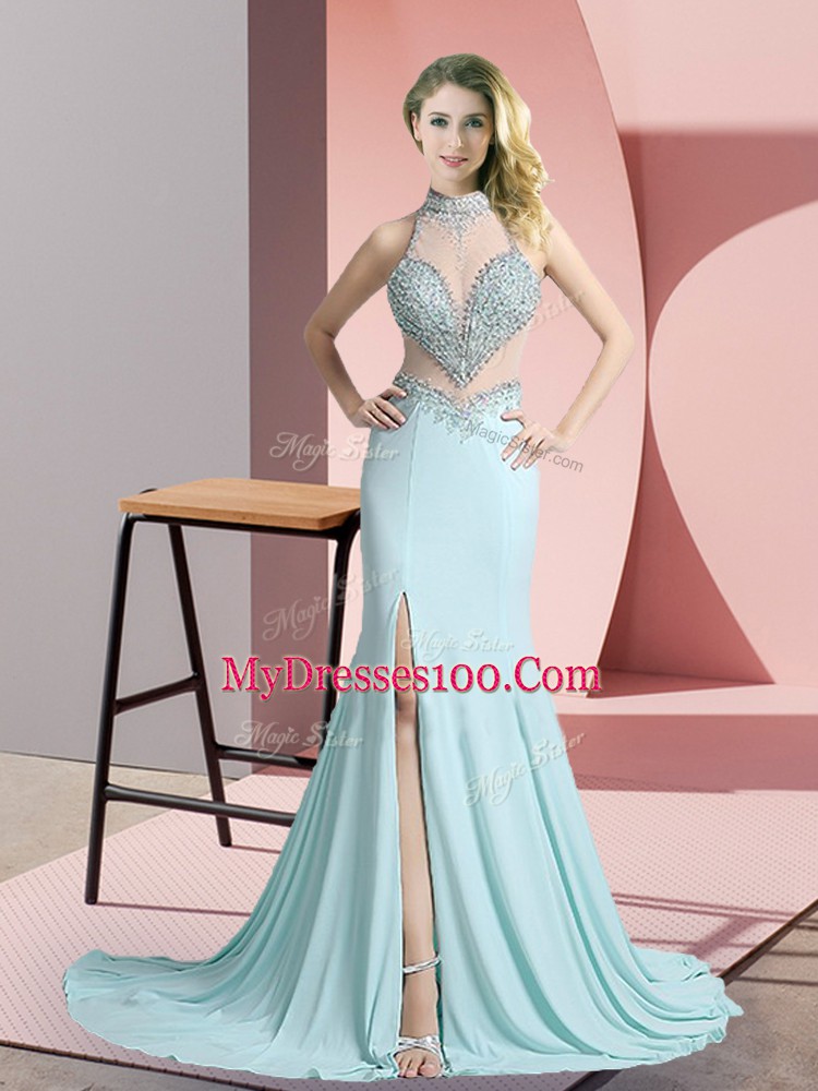 Hot Selling Aqua Blue Mermaid Chiffon High-neck Sleeveless Beading Zipper Evening Dress Sweep Train