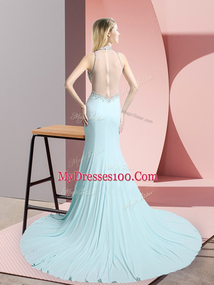 Hot Selling Aqua Blue Mermaid Chiffon High-neck Sleeveless Beading Zipper Evening Dress Sweep Train