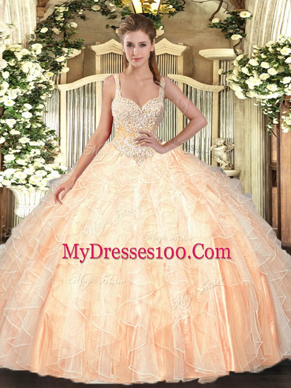 Peach Straps Lace Up Beading and Ruffles Ball Gown Prom Dress Sleeveless