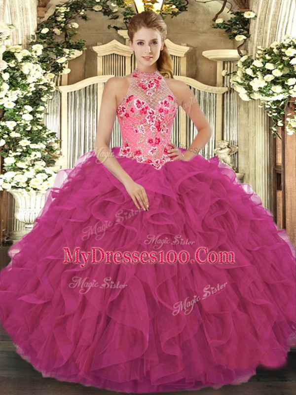 Eye-catching Organza Halter Top Sleeveless Lace Up Beading and Embroidery and Ruffles Vestidos de Quinceanera in Hot Pink