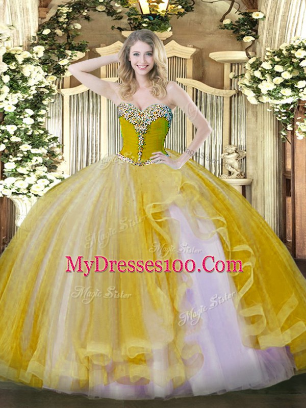 Charming Gold Quinceanera Dress Military Ball and Sweet 16 and Quinceanera with Beading and Ruffles Sweetheart Sleeveless Lace Up