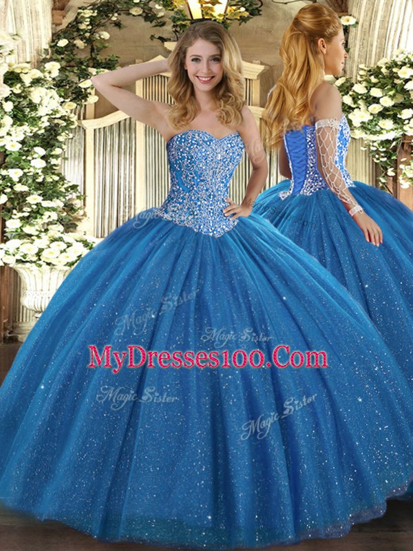 Nice Sweetheart Sleeveless 15th Birthday Dress Floor Length Beading Blue Tulle