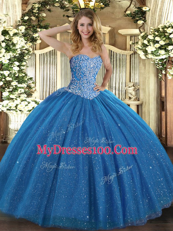 Nice Sweetheart Sleeveless 15th Birthday Dress Floor Length Beading Blue Tulle