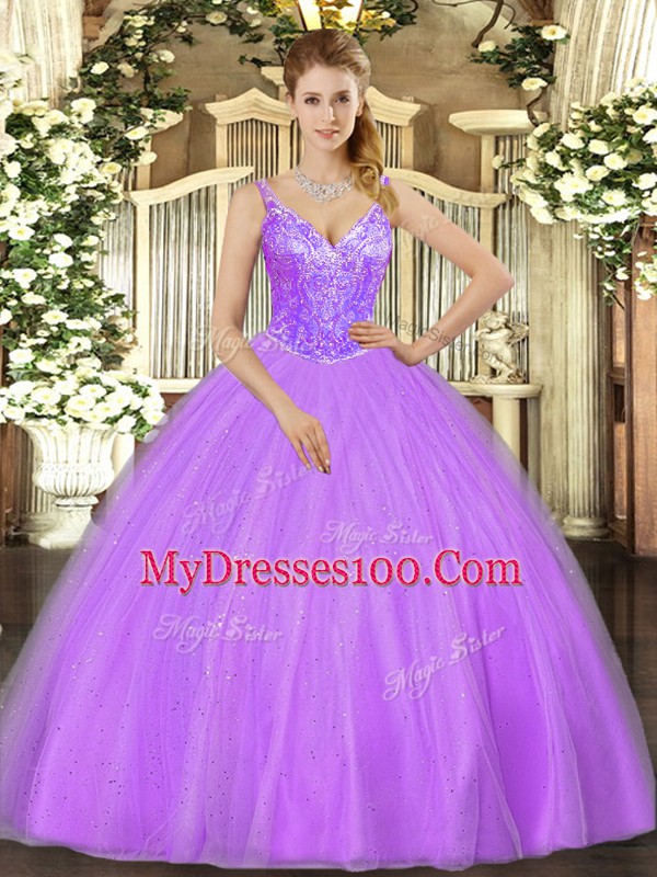 Edgy Beading Quinceanera Dresses Lavender Lace Up Sleeveless Floor Length