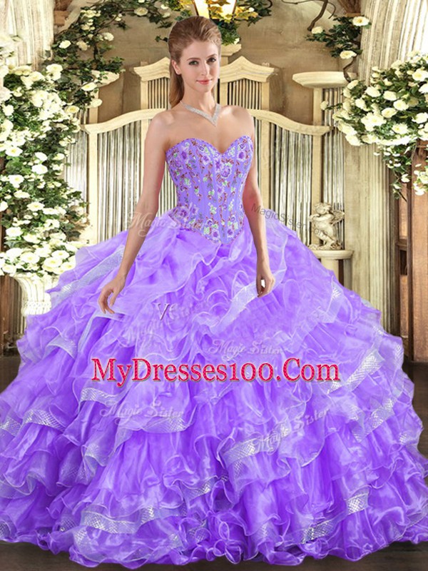 Elegant Lavender Sleeveless Embroidery and Ruffled Layers Floor Length Sweet 16 Quinceanera Dress