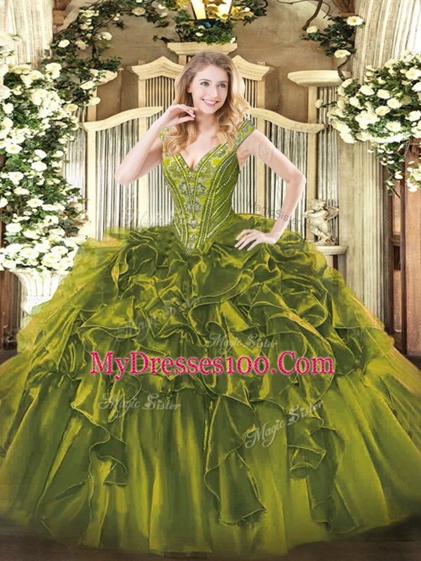 Fantastic Sleeveless Floor Length Beading and Ruffles Lace Up 15th Birthday Dress with Olive Green