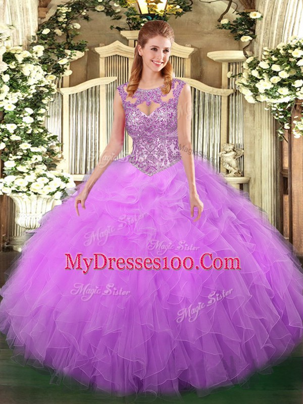 Traditional Sleeveless Tulle Floor Length Lace Up Sweet 16 Dresses in Lilac with Beading and Ruffles