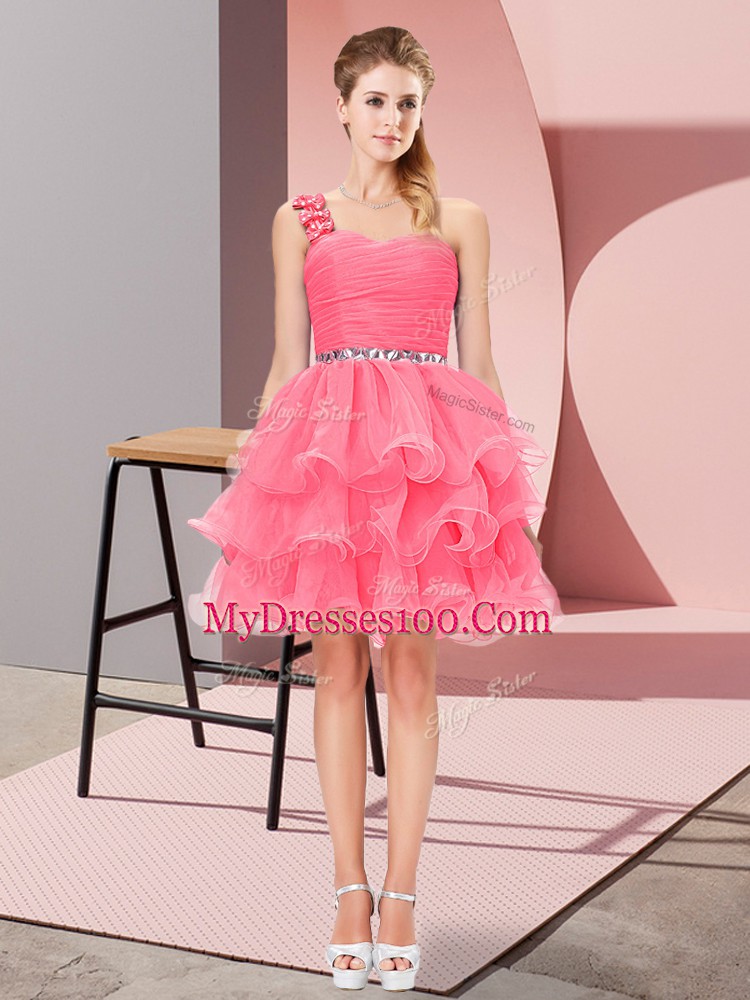 Clearance A-line Homecoming Dress Watermelon Red One Shoulder Organza Sleeveless Mini Length Lace Up