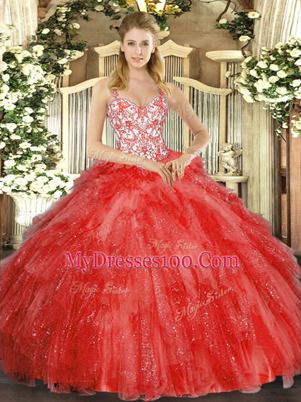 Fantastic Coral Red Ball Gowns Beading and Ruffles Sweet 16 Quinceanera Dress Lace Up Organza Sleeveless Floor Length