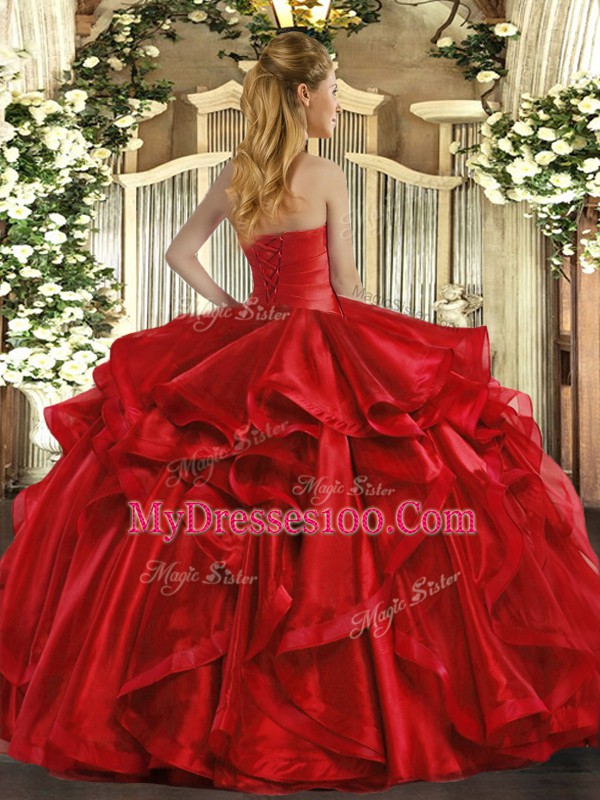 Graceful Red Lace Up Strapless Ruffles Vestidos de Quinceanera Organza Sleeveless