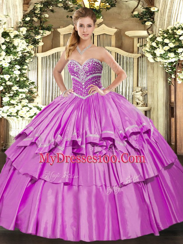 Custom Design Lilac Sleeveless Beading and Ruffled Layers Floor Length Quinceanera Dress