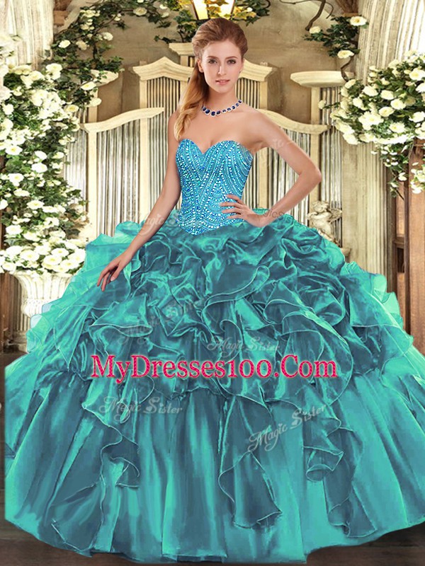 Designer Teal Organza Lace Up Quinceanera Gown Sleeveless Floor Length Beading and Ruffles