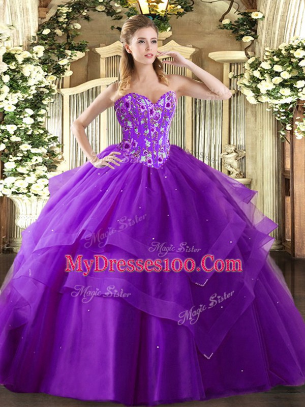 Eggplant Purple Tulle Lace Up Sweetheart Sleeveless Floor Length Sweet 16 Dresses Embroidery and Ruffled Layers