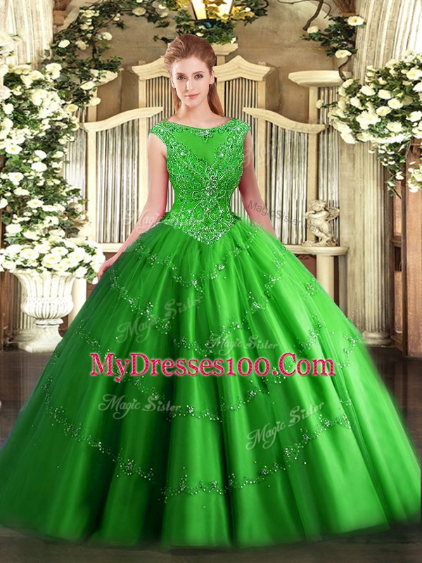 Eye-catching Green 15th Birthday Dress Military Ball and Sweet 16 and Quinceanera with Beading and Appliques Scoop Sleeveless Zipper