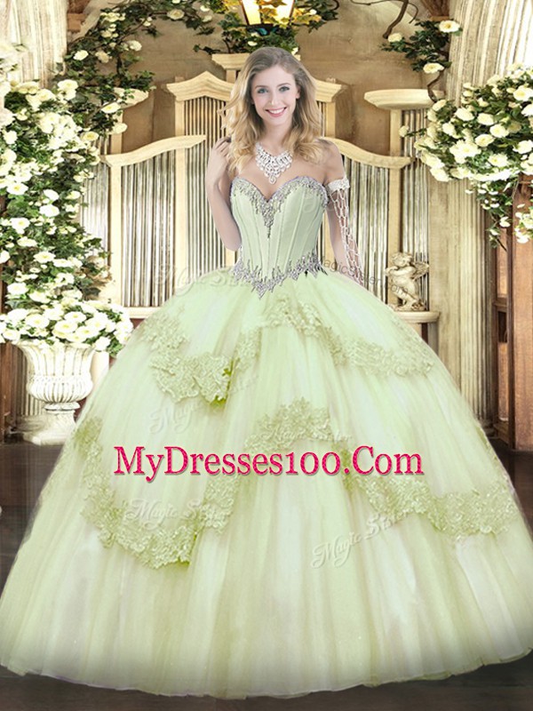 Tulle Sleeveless Floor Length Sweet 16 Dress and Beading and Appliques