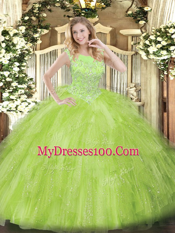 Modest Yellow Green Ball Gowns Beading and Ruffles 15 Quinceanera Dress Zipper Tulle Sleeveless Floor Length