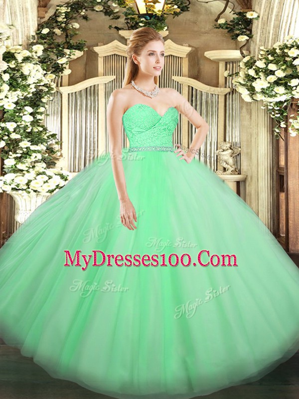 Sweetheart Sleeveless Zipper 15th Birthday Dress Apple Green Tulle