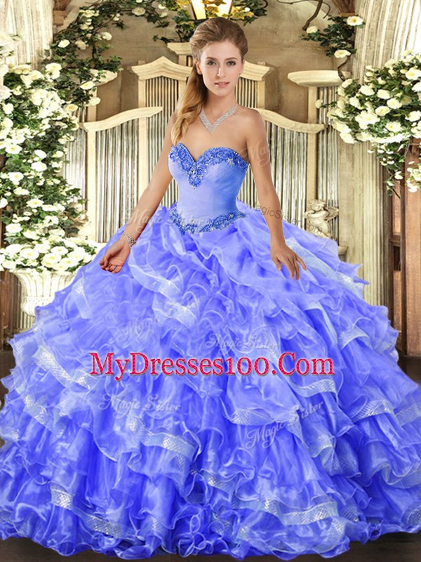 Blue Organza Lace Up Sweetheart Sleeveless Floor Length 15 Quinceanera Dress Beading and Ruffled Layers