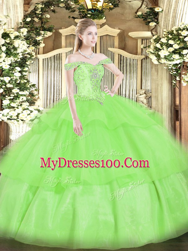 Adorable Off The Shoulder Neckline Beading and Ruffled Layers Quinceanera Gown Sleeveless Lace Up
