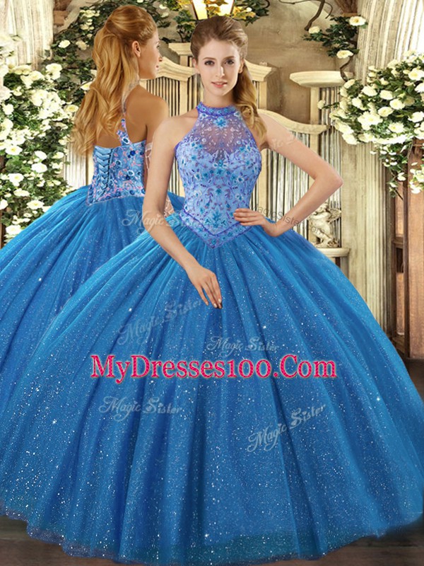 Custom Made Blue Ball Gowns Beading and Embroidery Sweet 16 Quinceanera Dress Lace Up Tulle Sleeveless Floor Length