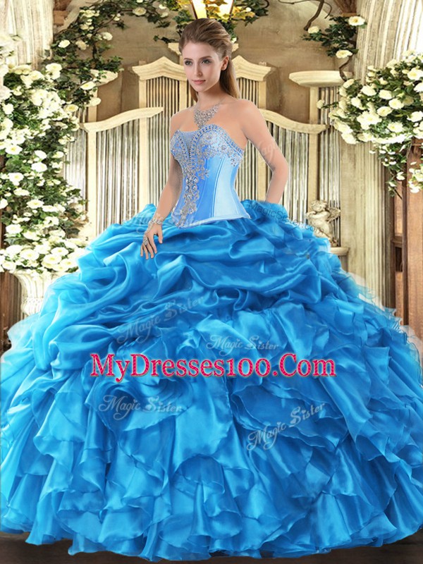 Baby Blue Organza Lace Up Ball Gown Prom Dress Sleeveless Floor Length Beading and Ruffles and Pick Ups