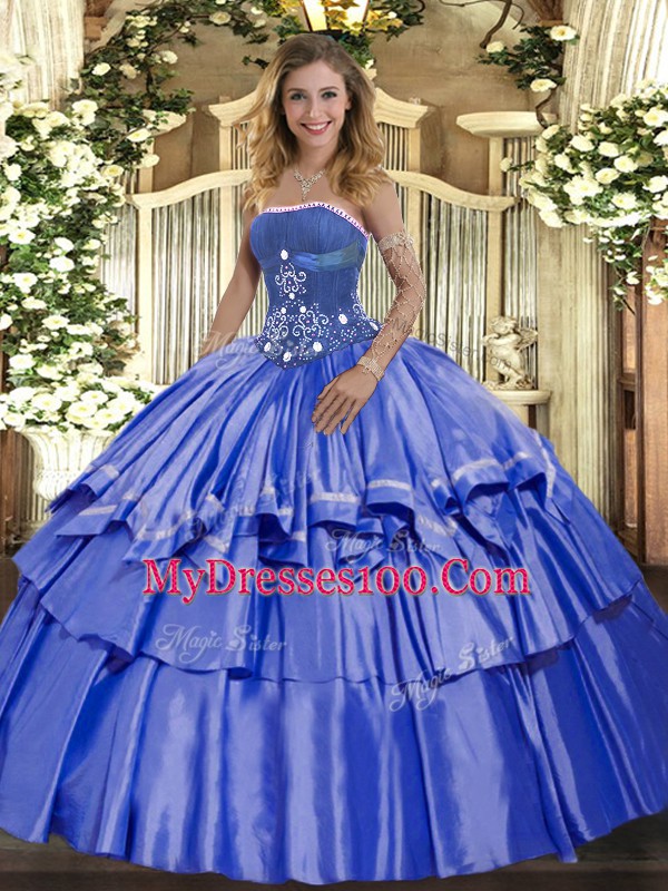 Blue Sleeveless Organza and Taffeta Lace Up Quinceanera Gown for Military Ball and Sweet 16 and Quinceanera