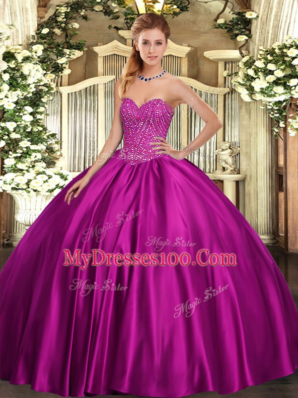 Fuchsia Sleeveless Beading Floor Length Quince Ball Gowns