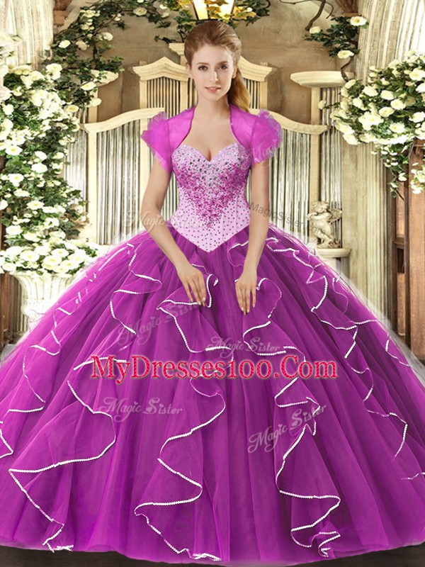 On Sale Fuchsia Sleeveless Beading Floor Length Quinceanera Gowns