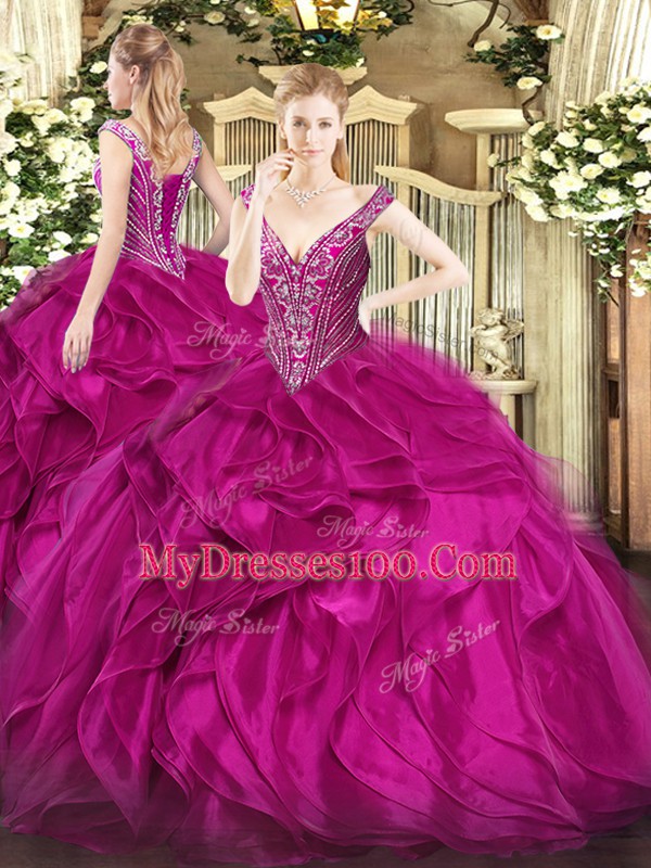 Ball Gowns Quinceanera Dress Fuchsia V-neck Organza Sleeveless Floor Length Lace Up