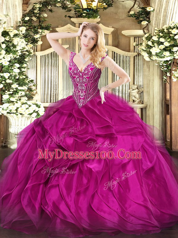 Ball Gowns Quinceanera Dress Fuchsia V-neck Organza Sleeveless Floor Length Lace Up