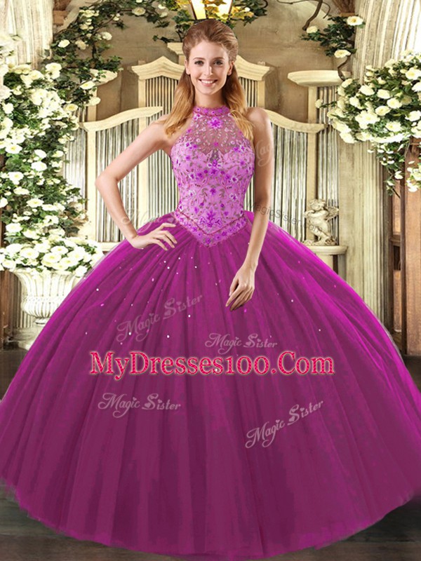 Eye-catching Fuchsia Lace Up Ball Gown Prom Dress Beading and Embroidery Sleeveless Floor Length